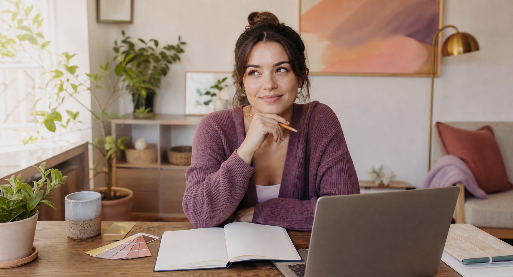 Woman reviewing her plans at a home desk with a notebook and laptop